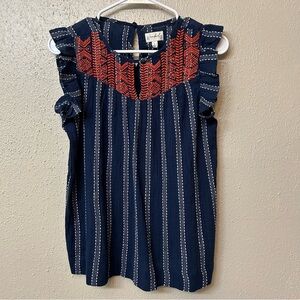 Wonderly by Belk Blue Flutter Sleeve Embroidered Striped Boho Top NWT Small
